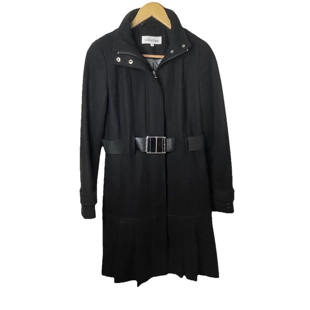 Calvin Klein Black Wool Blend Dress Coat Jacket Pleated Bottom Jacket Belt Sz 2P